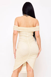RHINESTONE ON POWER MESH OFF THE SHOUDLER MIDI DRESS