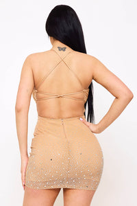 RADIENT RHINESTONE PATTERN ON POWER MESH MINI DRESS