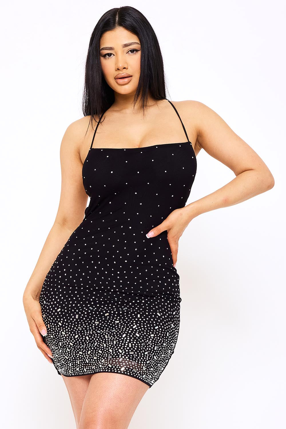 RADIENT RHINESTONE PATTERN ON POWER MESH MINI DRESS