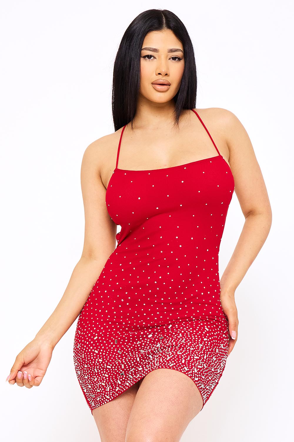 RADIENT RHINESTONE PATTERN ON POWER MESH MINI DRESS