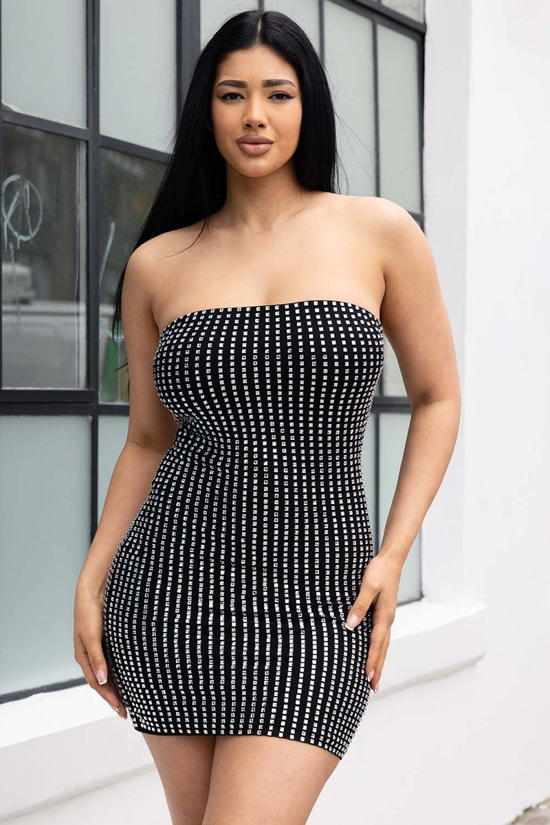 RHINESTONE ON POWER MESH TUBE TOP MINI DRESS