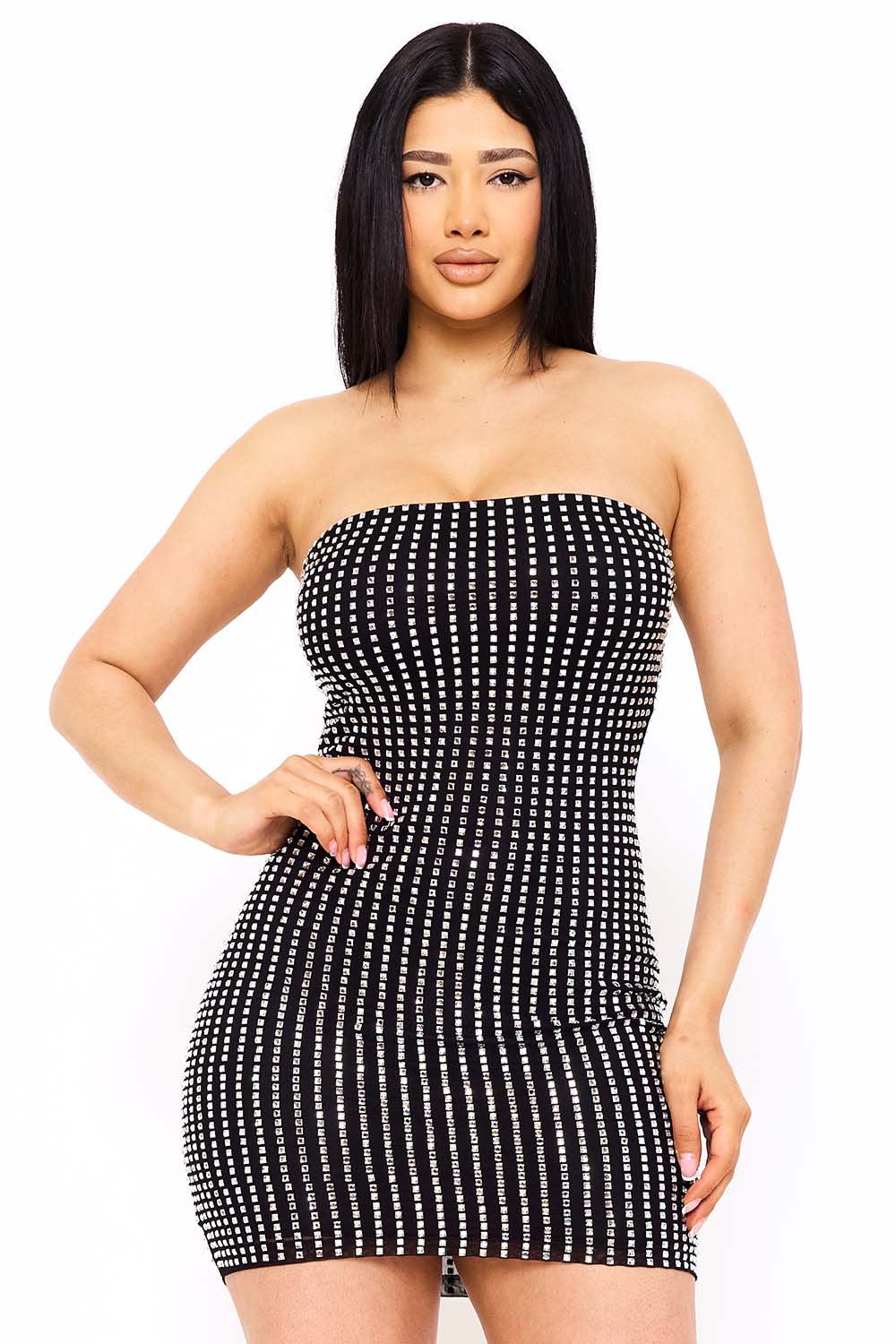 RHINESTONE ON POWER MESH TUBE TOP MINI DRESS