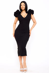 GLITTER RUFFLE SHOULDERS MIDI DRESS