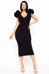 GLITTER RUFFLE SHOULDERS MIDI DRESS