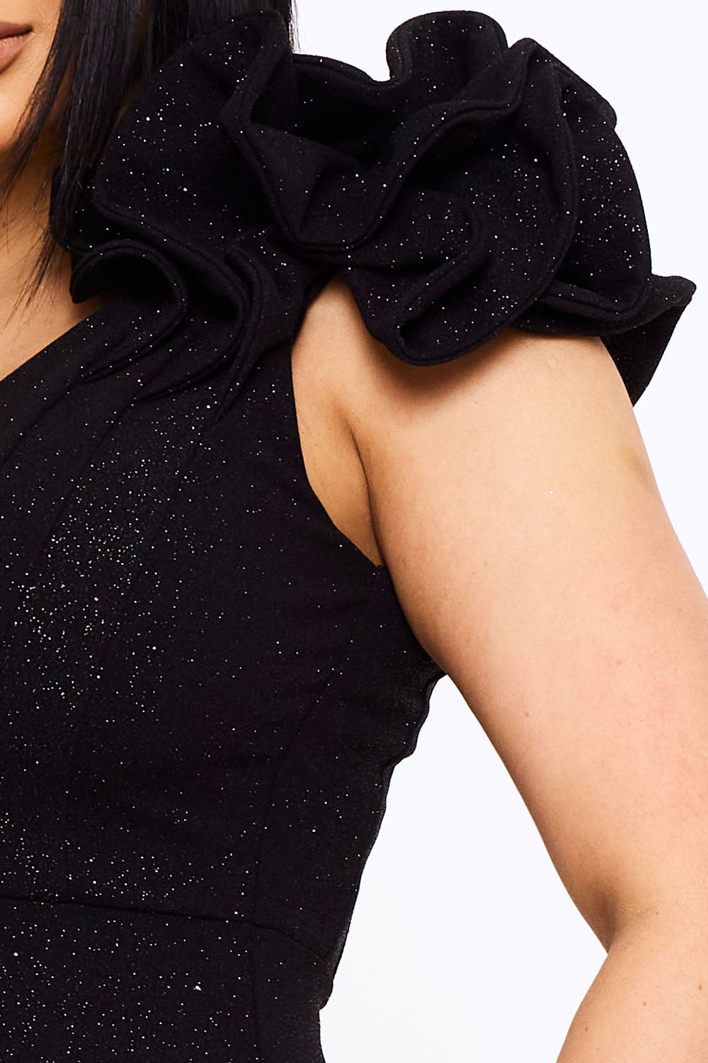 GLITTER RUFFLE SHOULDERS MIDI DRESS