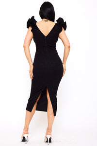 GLITTER RUFFLE SHOULDERS MIDI DRESS