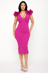 GLITTER RUFFLE SHOULDERS MIDI DRESS