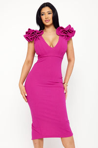 GLITTER RUFFLE SHOULDERS MIDI DRESS