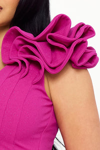 GLITTER RUFFLE SHOULDERS MIDI DRESS