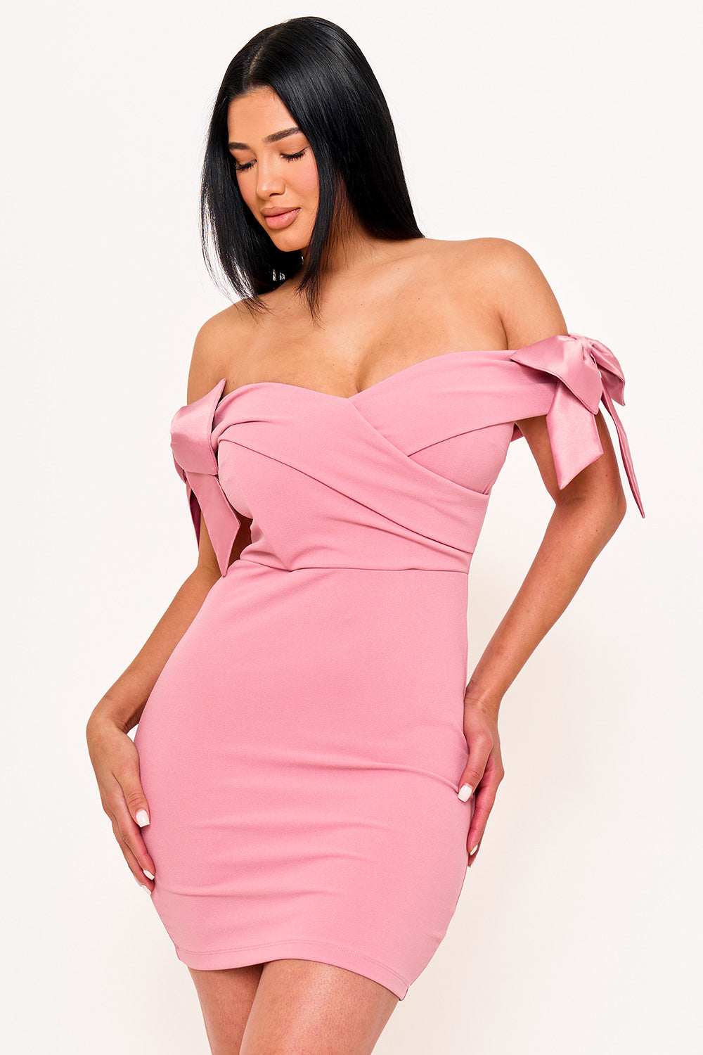 SATIN BOW ON SLEEVE OFF THE SHOULDER MINI DRESS