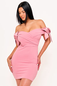 SATIN BOW ON SLEEVE OFF THE SHOULDER MINI DRESS