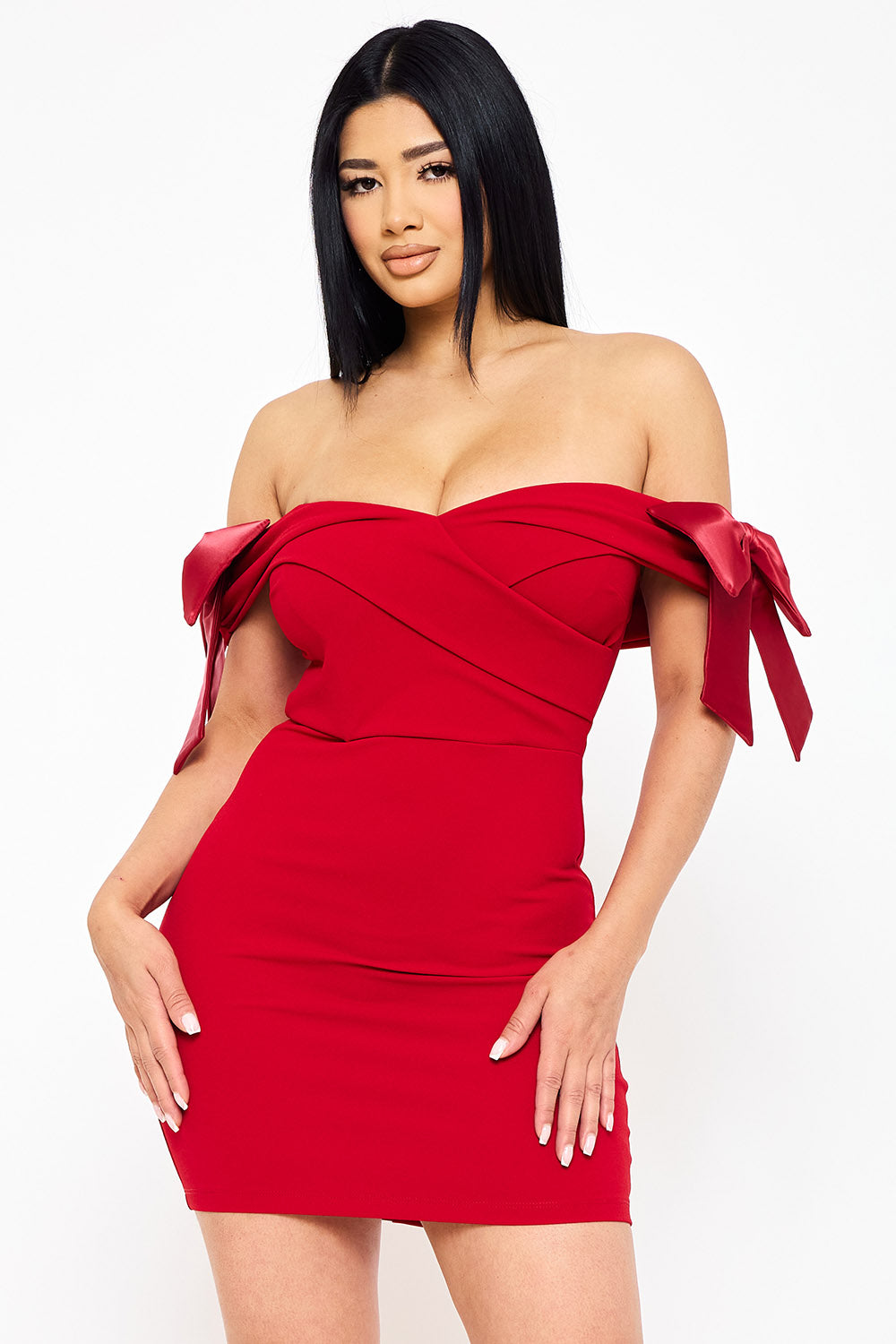 SATIN BOW ON SLEEVE OFF THE SHOULDER MINI DRESS
