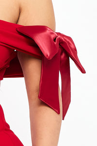 SATIN BOW ON SLEEVE OFF THE SHOULDER MINI DRESS