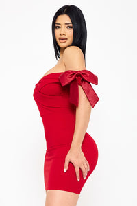 SATIN BOW ON SLEEVE OFF THE SHOULDER MINI DRESS