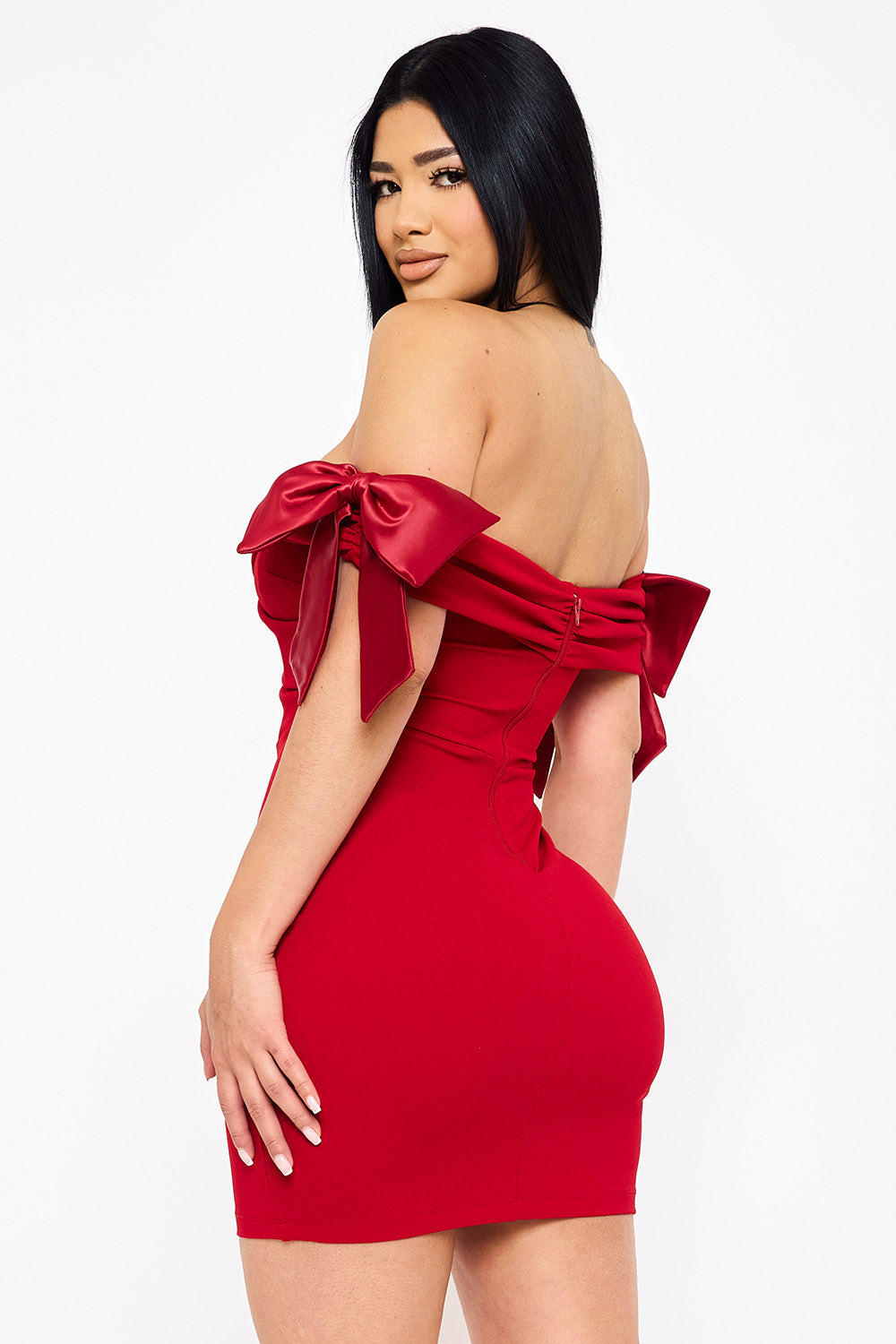 SATIN BOW ON SLEEVE OFF THE SHOULDER MINI DRESS
