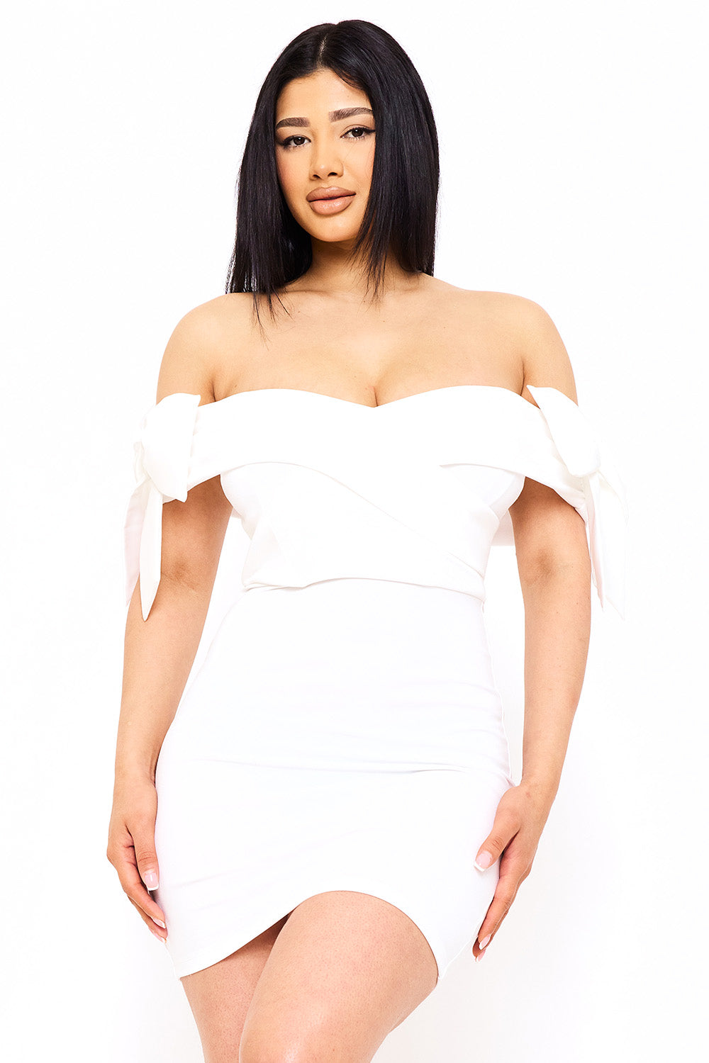 SATIN BOW ON SLEEVE OFF THE SHOULDER MINI DRESS