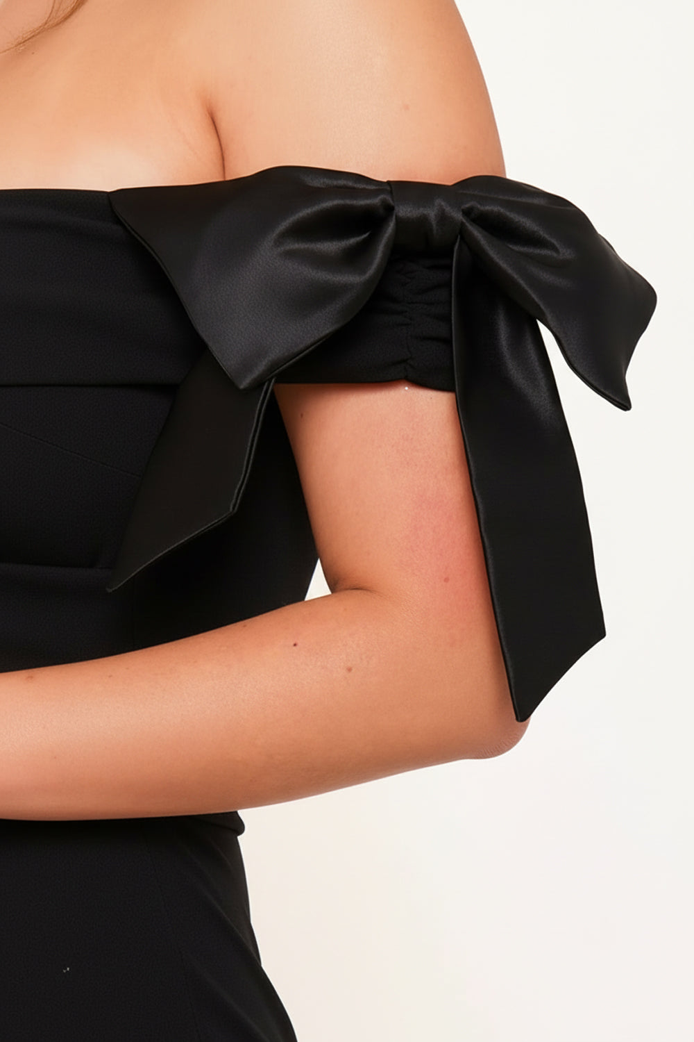 SATIN BOW ON SLEEVE OFF THE SHOULDER MINI DRESS