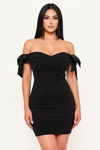 SATIN BOW ON SLEEVE OFF THE SHOULDER MINI DRESS