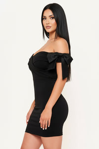 SATIN BOW ON SLEEVE OFF THE SHOULDER MINI DRESS