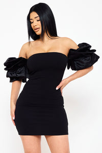 LAYERED RUFFLE SLEEVE OFF THE SHOULDER MINI DRESS