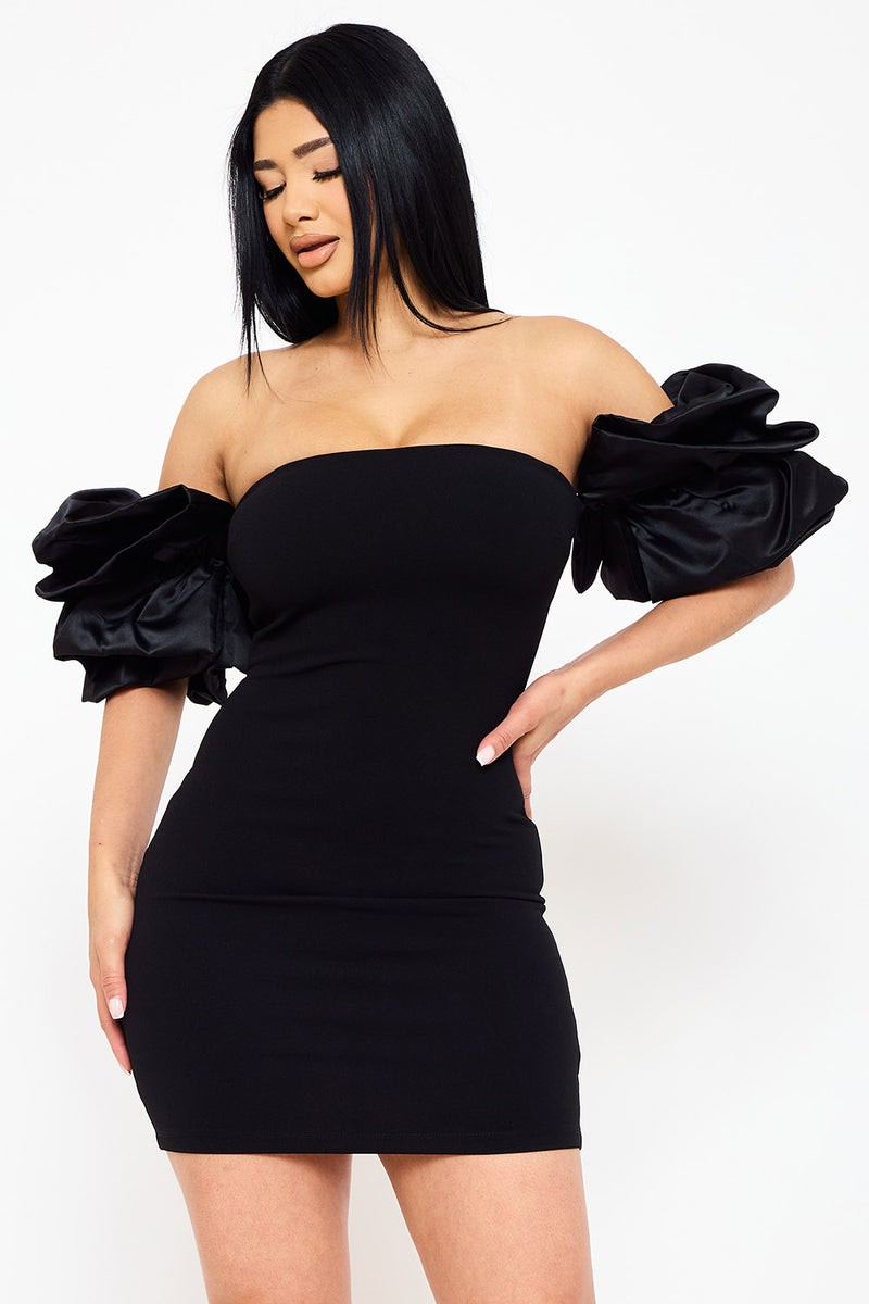 LAYERED RUFFLE SLEEVE OFF THE SHOULDER MINI DRESS