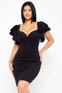 DOUBLE LAYER RUFFLE SHORT SLEEVE MIDI DRESS