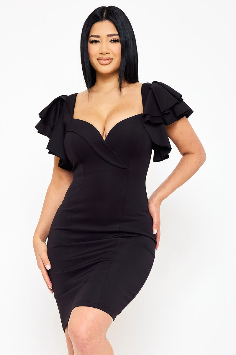 DOUBLE LAYER RUFFLE SHORT SLEEVE MIDI DRESS