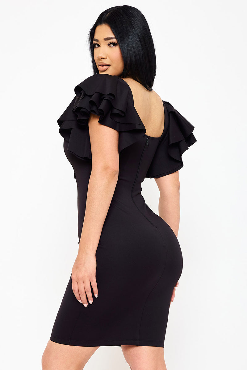 DOUBLE LAYER RUFFLE SHORT SLEEVE MIDI DRESS