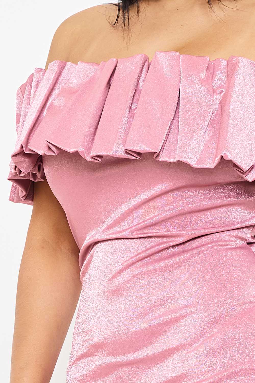 RUFFLE METALLIC TRICOT OFF THE SHOULDER MINI DRESS