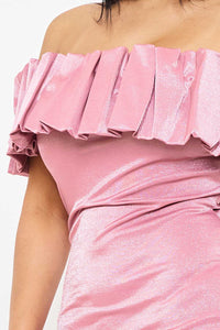 RUFFLE METALLIC TRICOT OFF THE SHOULDER MINI DRESS