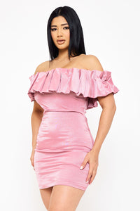 RUFFLE METALLIC TRICOT OFF THE SHOULDER MINI DRESS