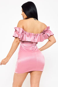 RUFFLE METALLIC TRICOT OFF THE SHOULDER MINI DRESS