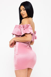 RUFFLE METALLIC TRICOT OFF THE SHOULDER MINI DRESS