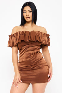 RUFFLE METALLIC TRICOT OFF THE SHOULDER MINI DRESS
