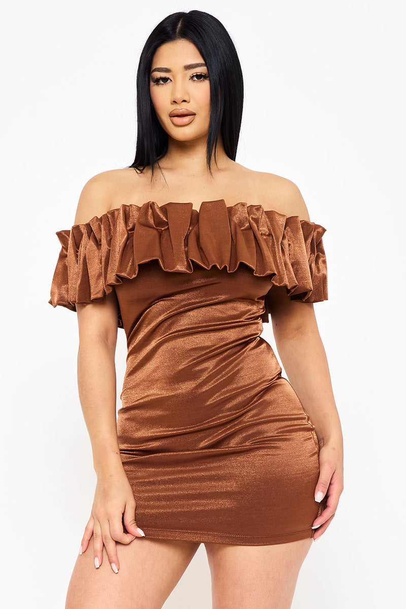 RUFFLE METALLIC TRICOT OFF THE SHOULDER MINI DRESS