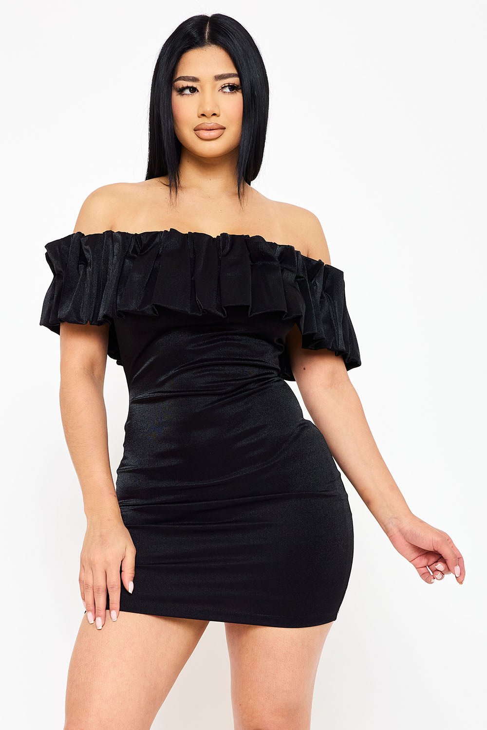 RUFFLE METALLIC TRICOT OFF THE SHOULDER MINI DRESS