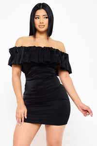 RUFFLE METALLIC TRICOT OFF THE SHOULDER MINI DRESS