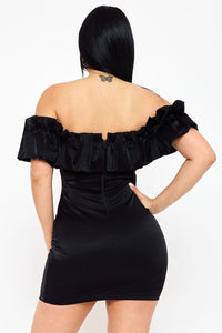 RUFFLE METALLIC TRICOT OFF THE SHOULDER MINI DRESS