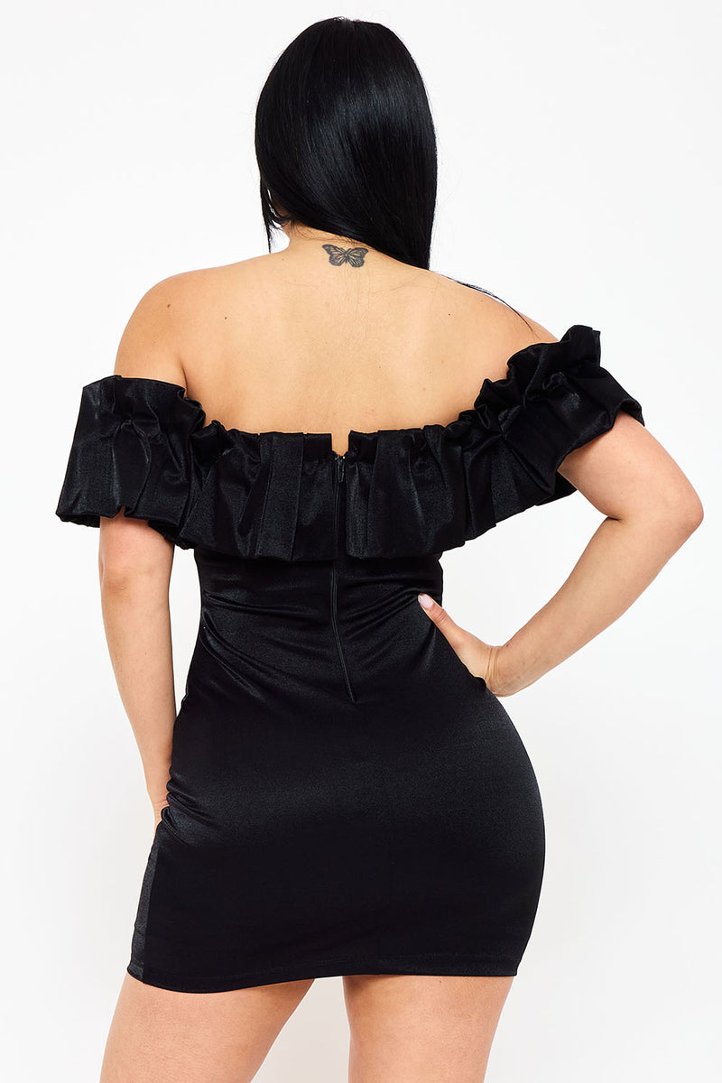 RUFFLE METALLIC TRICOT OFF THE SHOULDER MINI DRESS