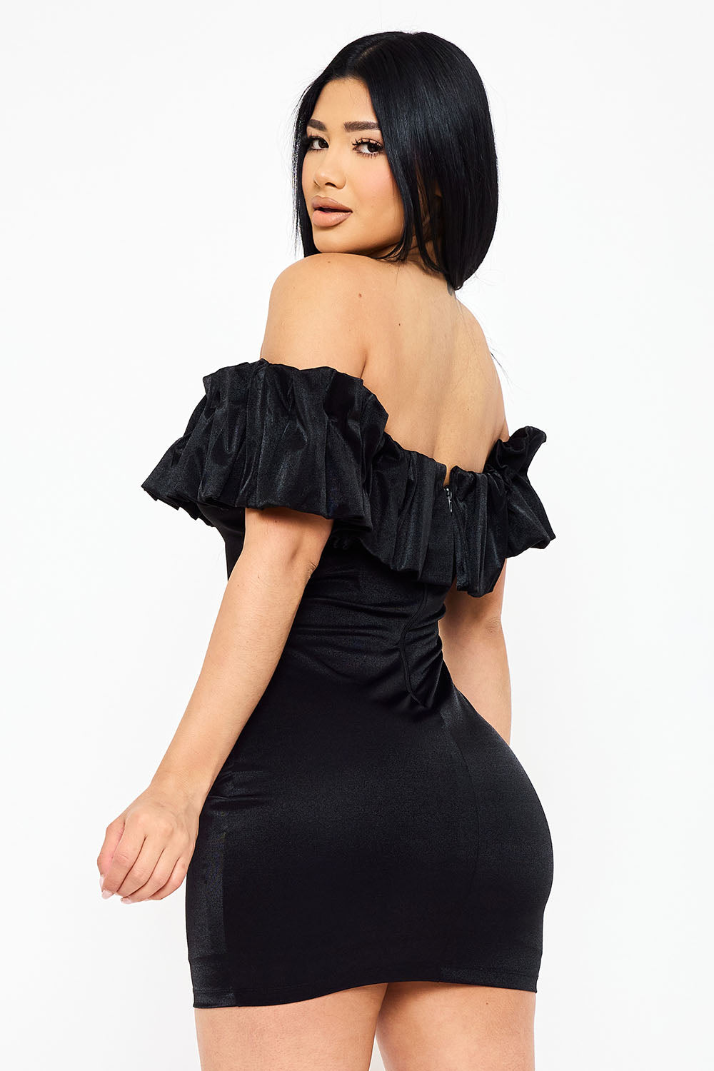 RUFFLE METALLIC TRICOT OFF THE SHOULDER MINI DRESS