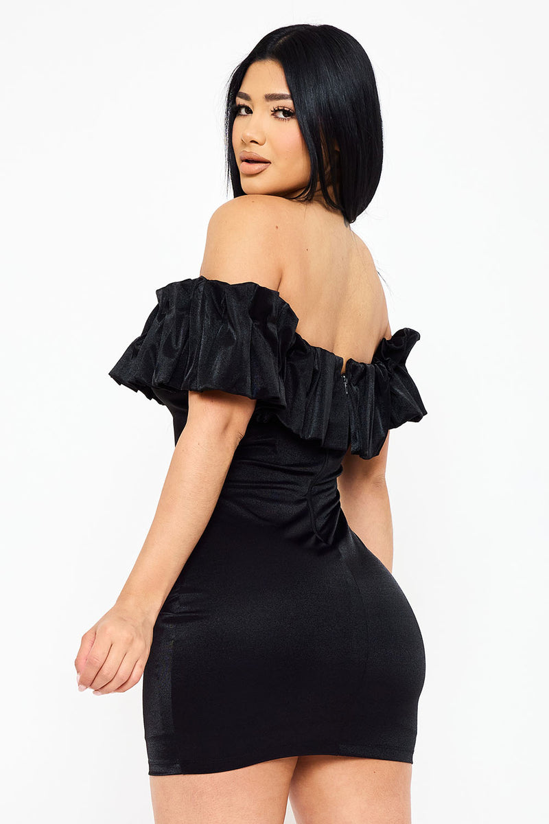 RUFFLE METALLIC TRICOT OFF THE SHOULDER MINI DRESS