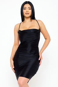 RECTANGLE RHINESTONE ON PEARL SATIN MINI DRESS