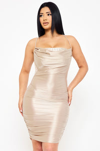 RECTANGLE RHINESTONE ON PEARL SATIN MINI DRESS