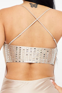 RECTANGLE RHINESTONE ON PEARL SATIN MINI DRESS