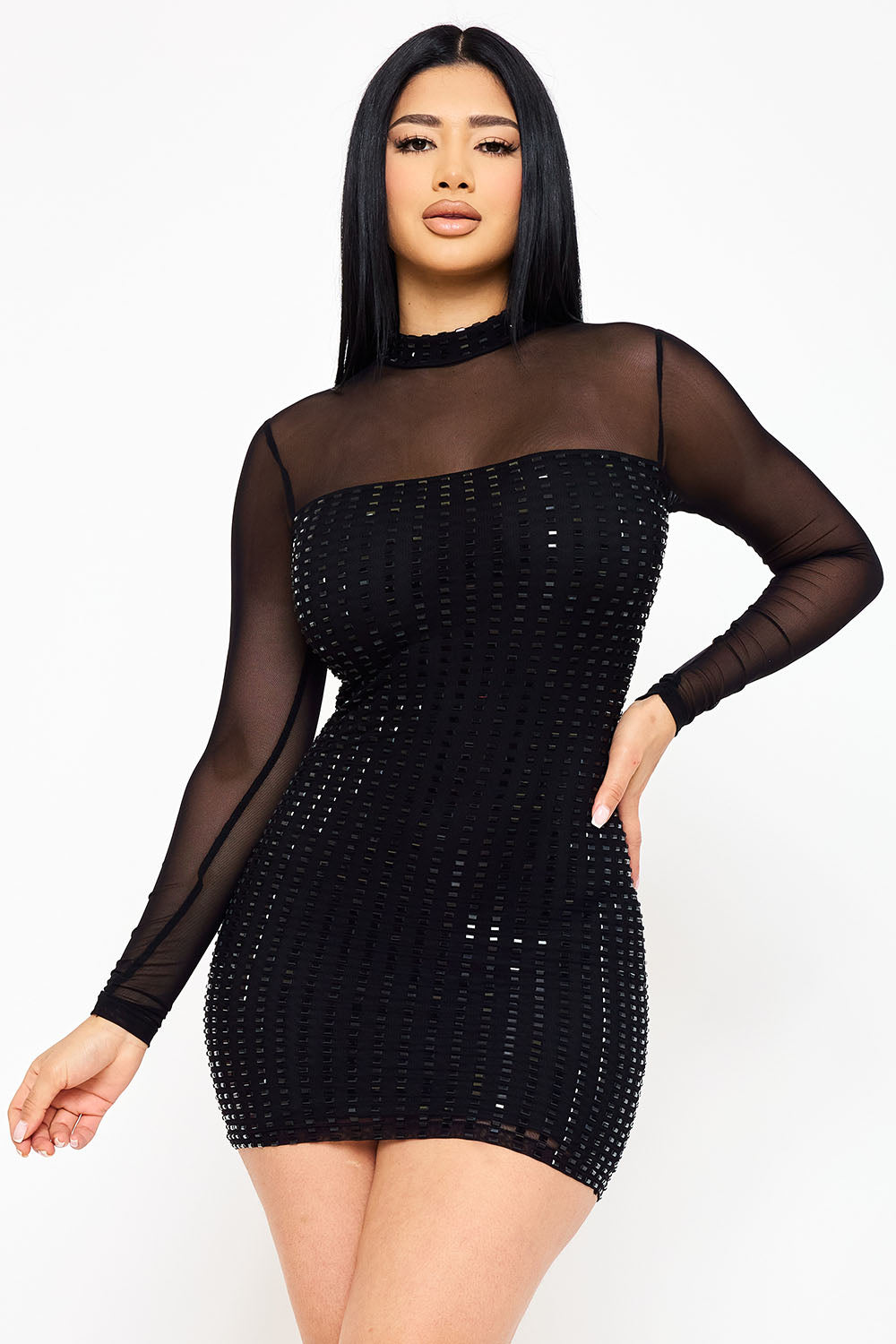 RECTANGLE RHINESTONE ON POWER MESH MINI DRESS