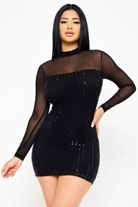RECTANGLE RHINESTONE ON POWER MESH MINI DRESS