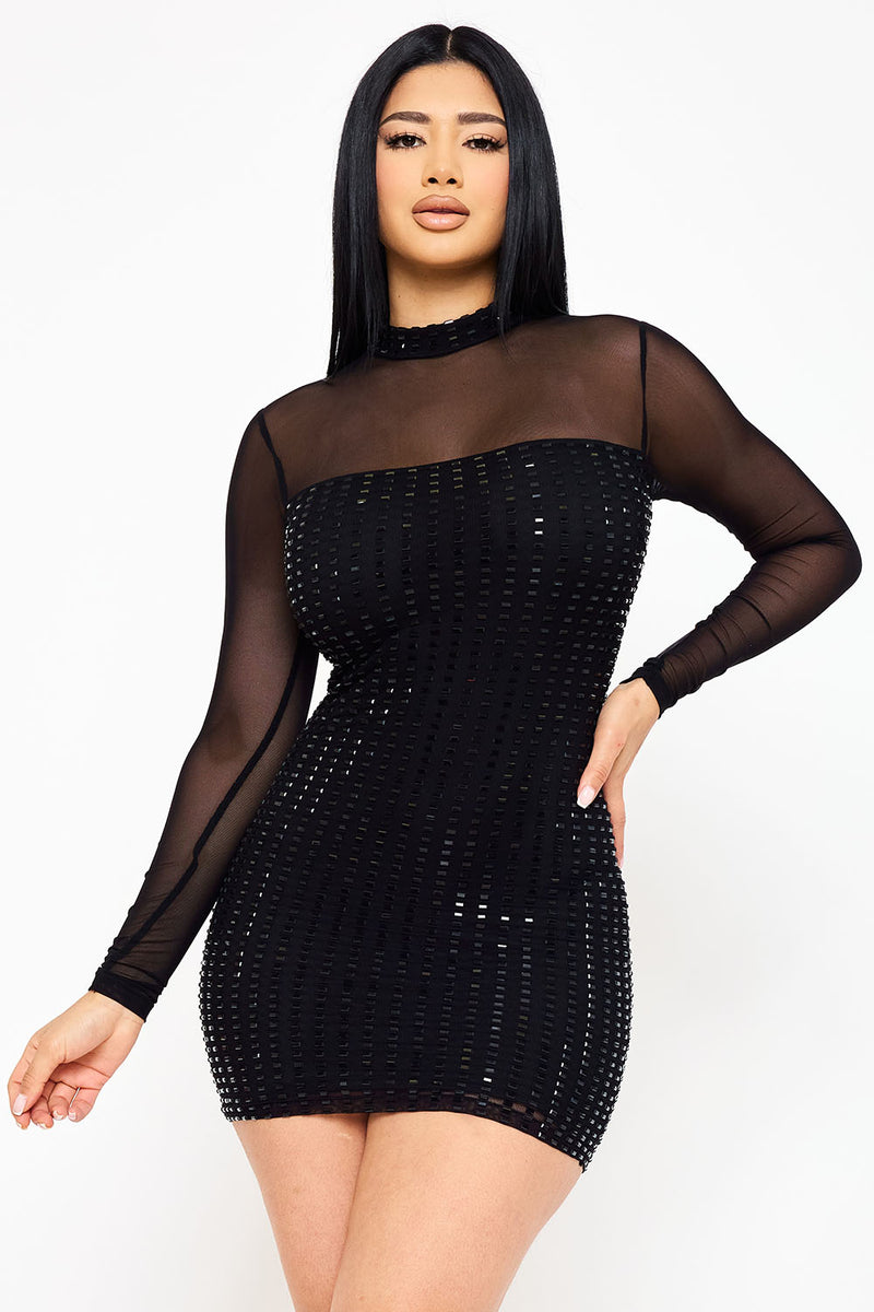 RECTANGLE RHINESTONE ON POWER MESH MINI DRESS