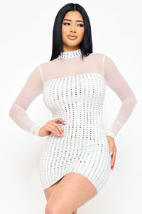 RECTANGLE RHINESTONE ON POWER MESH MINI DRESS