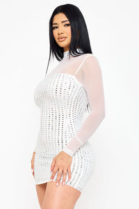 RECTANGLE RHINESTONE ON POWER MESH MINI DRESS
