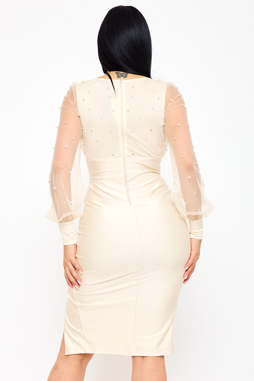 PEARL BEADED ON MESH WITH CONTRAST POWER SATIN MIDI DRESS